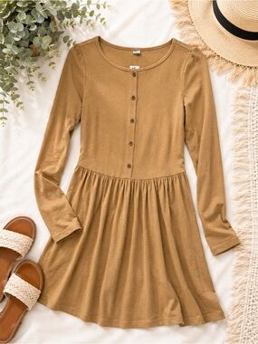 Old Navy Mustard Long-Sleeve Button-Front Fit & Flare Dress